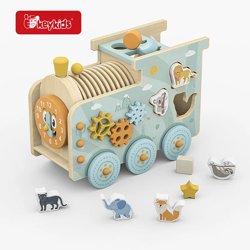 Wooden Train Engine Toy with Animal Shape Sorter, Gears, Clock, Alphabet Blocks and Xylophone for Toddlers W12D656
